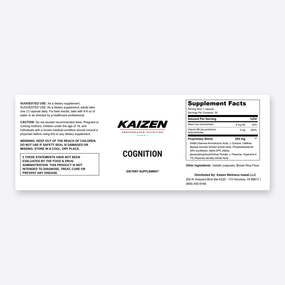 Kaizen Performance Nutrition COGNITIVE ENHANCEMENT – Focus & Clarity Support, 30 Capsules