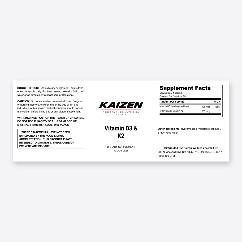 Kaizen Performance Nutrition Vitamin D3 & K2 – Bone and Calcium Support, 30 Capsules