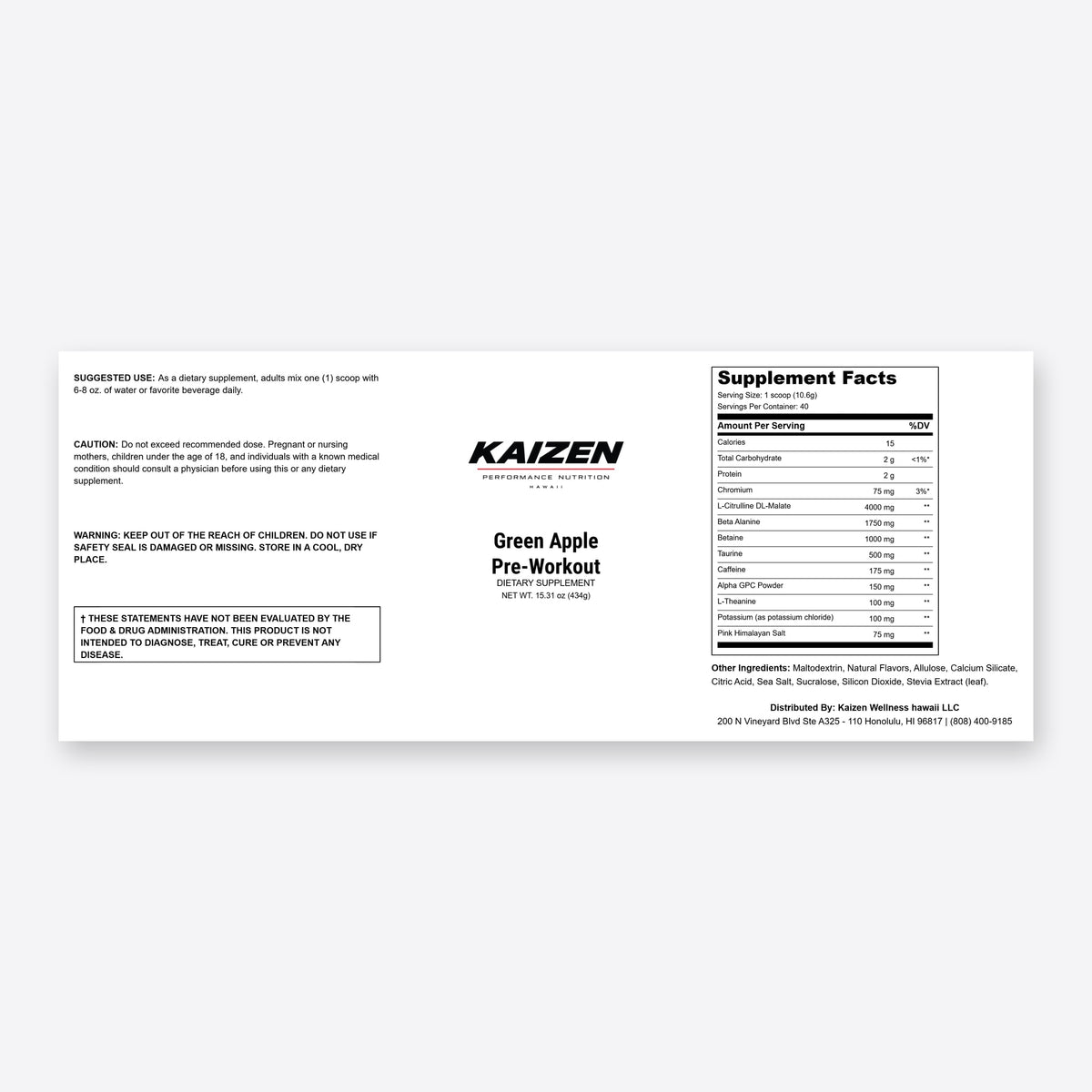 Kaizen Performance Nutrition Green Apple Pre-Workout – Energy & Focus Support, 434g Powder
