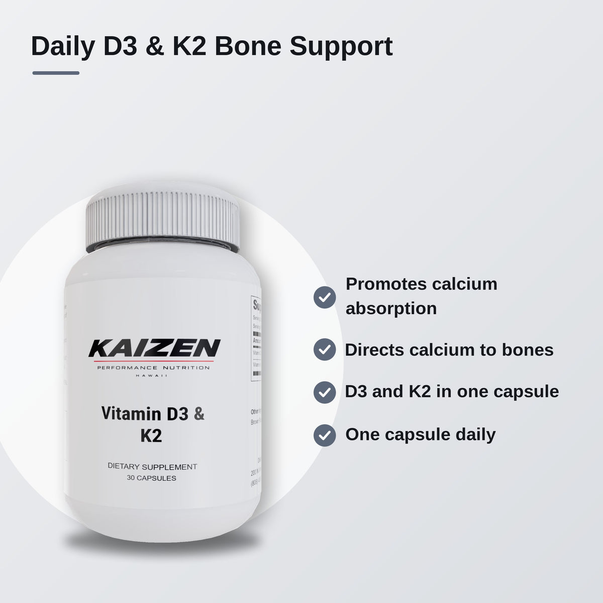 Kaizen Performance Nutrition Vitamin D3 & K2 – Bone and Calcium Support, 30 Capsules